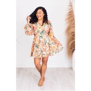 Pink Lily Vibrant Floral Long Sleeve Dress